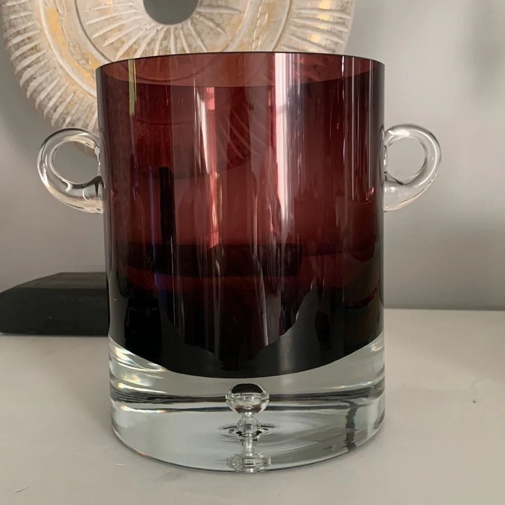 MCM Krosno Poland Block Art Glass With handles Vase‎ Purple Clear Base Bubble